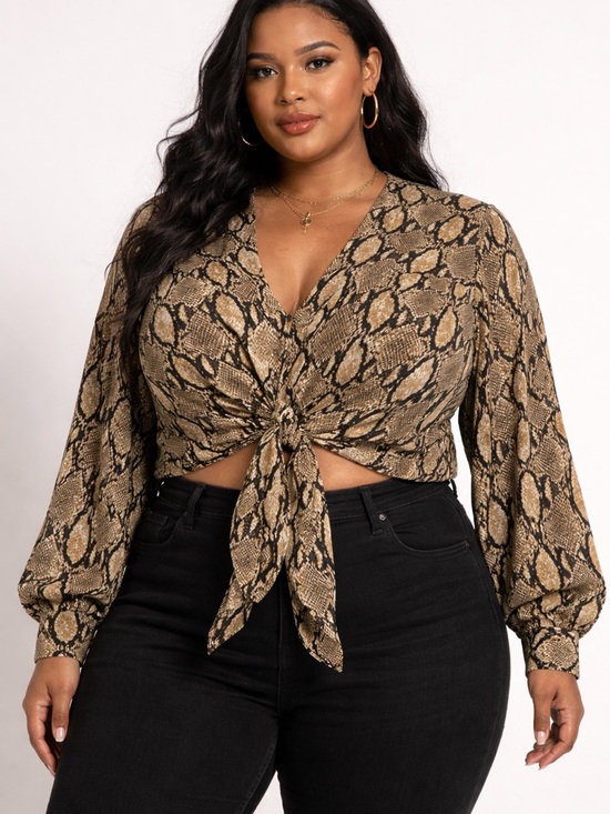 Fashion Nova Tops - Fashion Nova Brown Snake Print Tie-Front Blouse